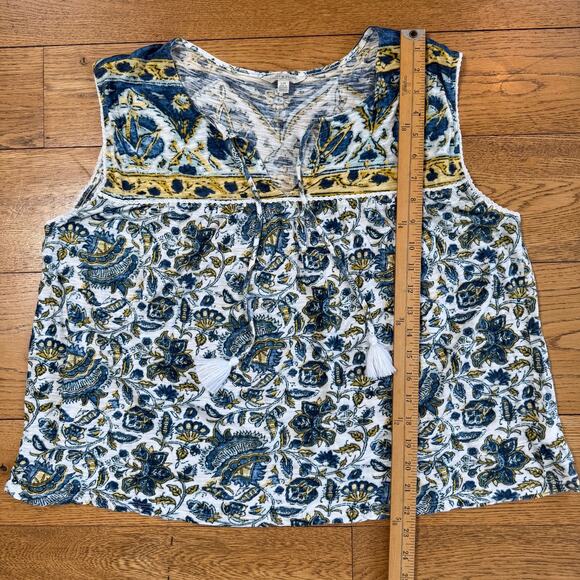 Lucky Brand Sleeveless Tank SZ L Blue Tassel V Neck Boho Bohemian Hippie Cotton - Picture 6 of 6